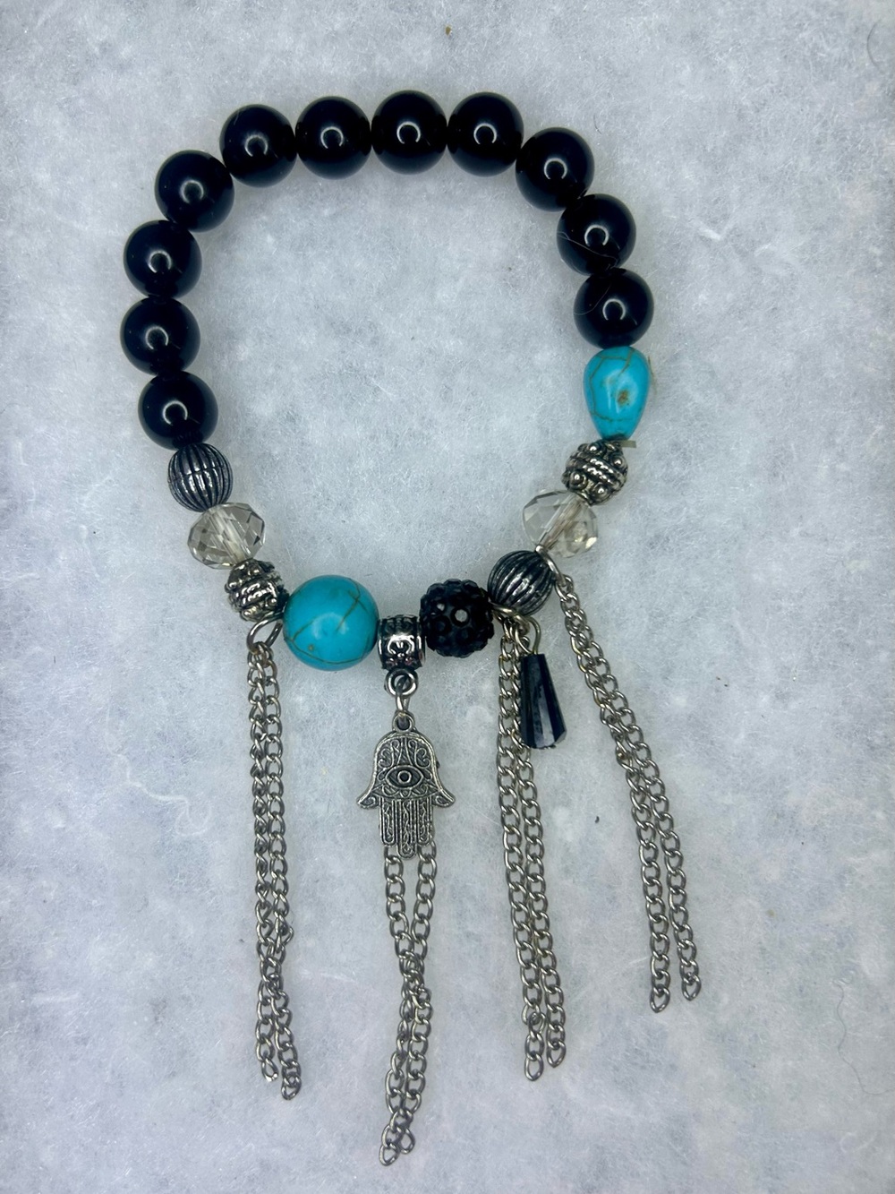 Turquoise & Black Beaded Charm Bracelet with Hamsa Pendant